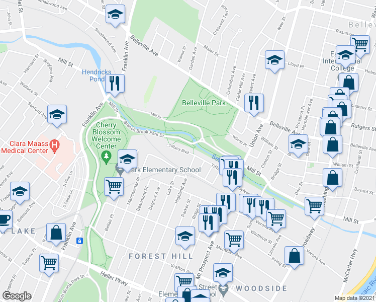 map of restaurants, bars, coffee shops, grocery stores, and more near 90 Tiffany Boulevard in Newark