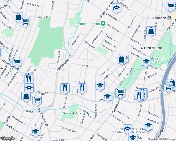 map of restaurants, bars, coffee shops, grocery stores, and more near 237 Brighton Avenue in East Orange