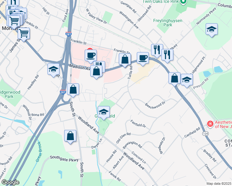 map of restaurants, bars, coffee shops, grocery stores, and more near 4 A Dorado Drive in Morristown