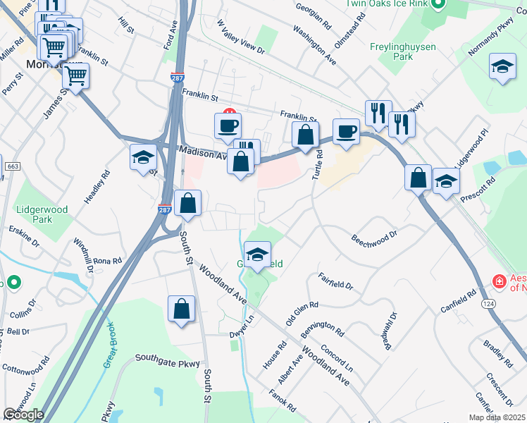 map of restaurants, bars, coffee shops, grocery stores, and more near 4 A Dorado Drive in Morristown