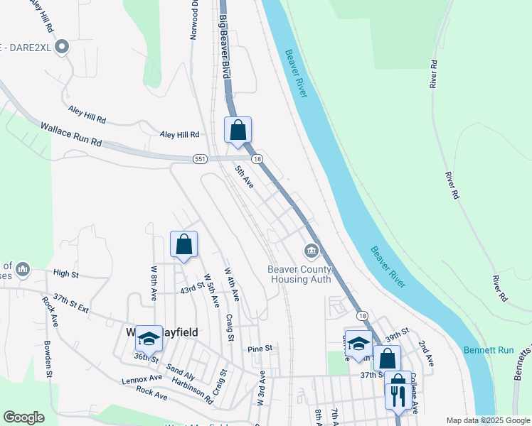 map of restaurants, bars, coffee shops, grocery stores, and more near 4617 5th Avenue in Beaver Falls