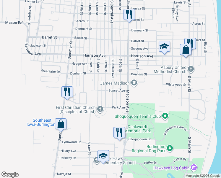 map of restaurants, bars, coffee shops, grocery stores, and more near 2205 South Central Avenue in Burlington