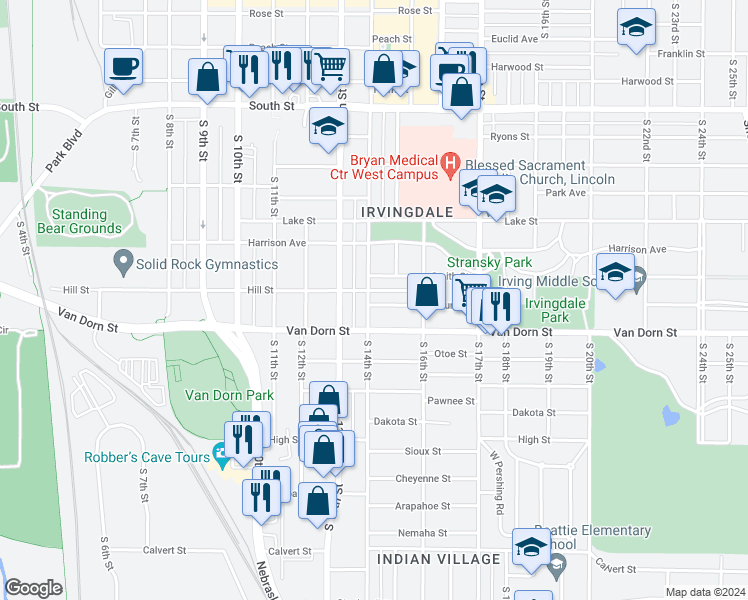map of restaurants, bars, coffee shops, grocery stores, and more near 2731 South 14th Street in Lincoln