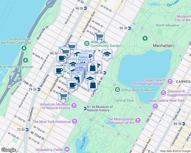 map of restaurants, bars, coffee shops, grocery stores, and more near 14 West 86th Street in New York