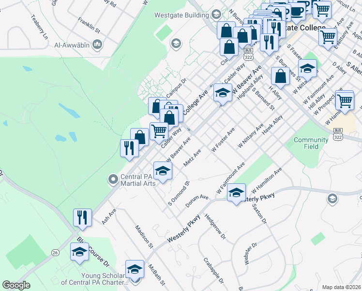 map of restaurants, bars, coffee shops, grocery stores, and more near 939 West Beaver Avenue in State College