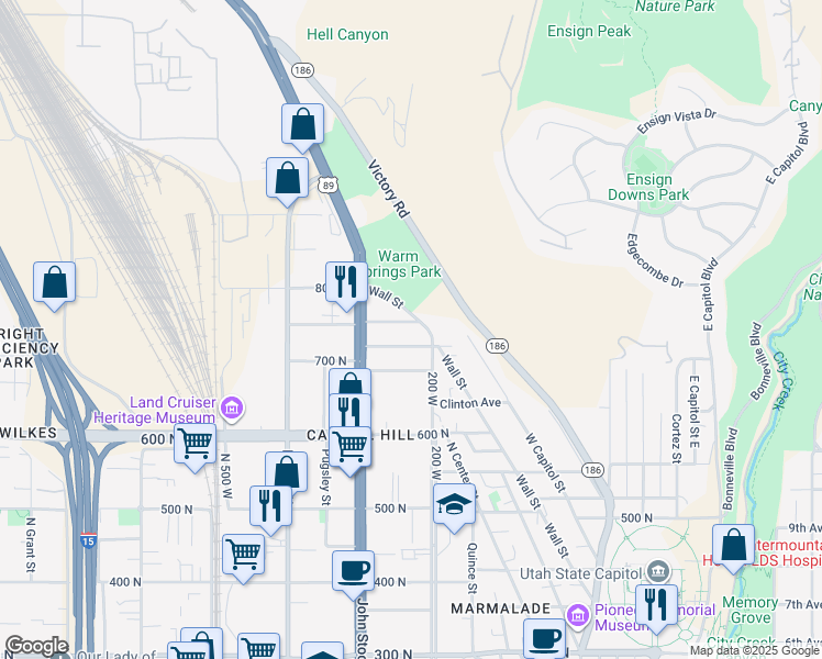 map of restaurants, bars, coffee shops, grocery stores, and more near 225 Reed Avenue in Salt Lake City