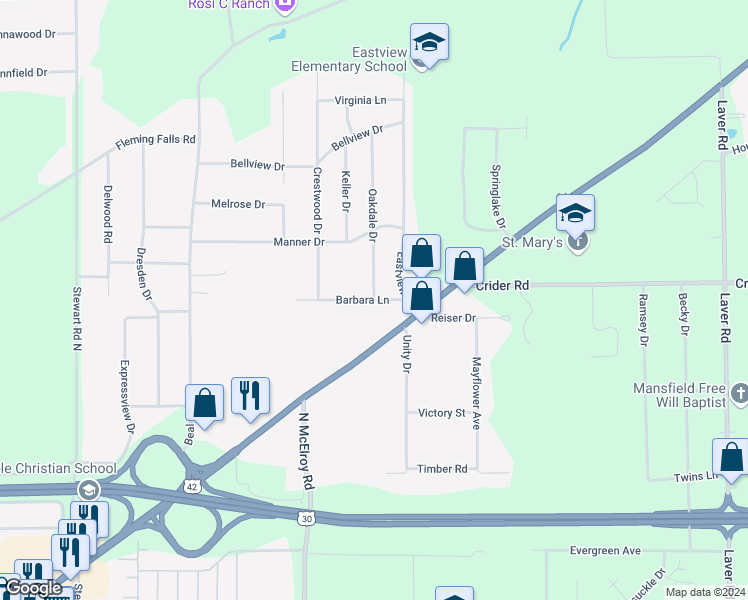 map of restaurants, bars, coffee shops, grocery stores, and more near 1427 Barbara Lane in Mansfield