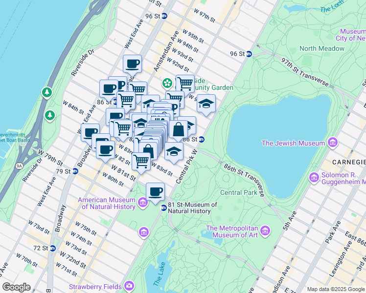 map of restaurants, bars, coffee shops, grocery stores, and more near 16 West 86th Street in New York