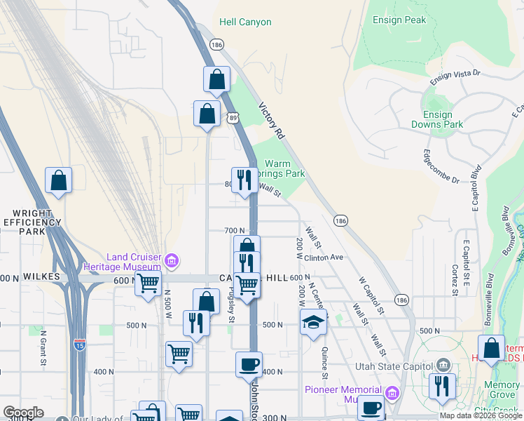 map of restaurants, bars, coffee shops, grocery stores, and more near 253 Fern Avenue North in Salt Lake City