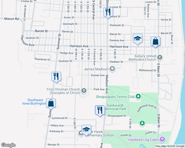 map of restaurants, bars, coffee shops, grocery stores, and more near 2205 South Central Avenue in Burlington