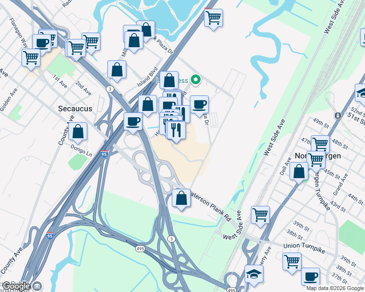map of restaurants, bars, coffee shops, grocery stores, and more near 100 Plaza Drive in Secaucus