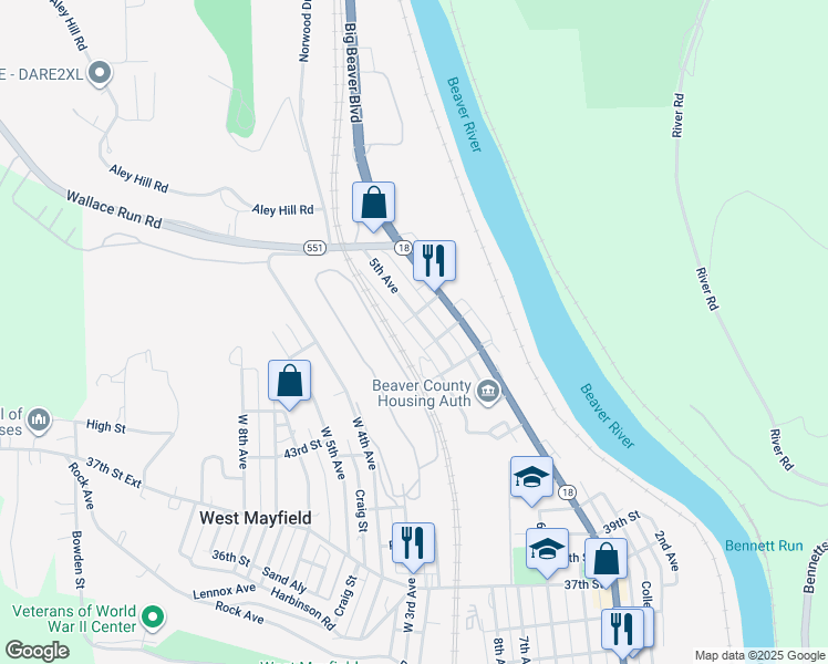 map of restaurants, bars, coffee shops, grocery stores, and more near 4617 5th Avenue in Beaver Falls