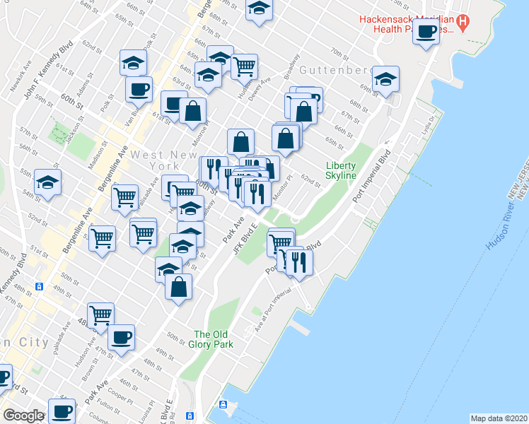 map of restaurants, bars, coffee shops, grocery stores, and more near 7100 JFK Blvd E in West New York