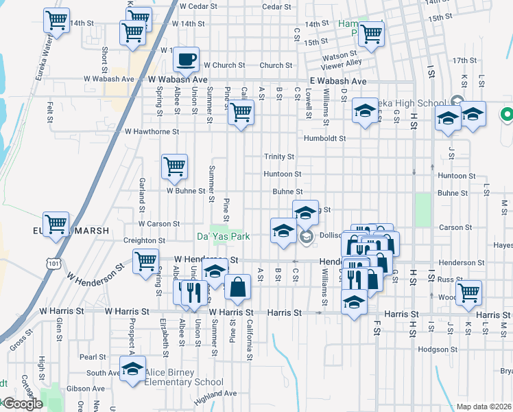 map of restaurants, bars, coffee shops, grocery stores, and more near 2523 California Street in Eureka