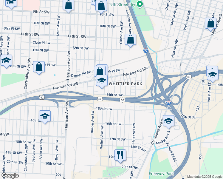map of restaurants, bars, coffee shops, grocery stores, and more near 1386 Scoville Avenue Southwest in Canton