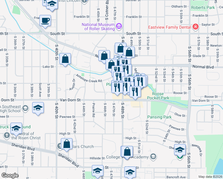 map of restaurants, bars, coffee shops, grocery stores, and more near 4625 Eden Circle in Lincoln