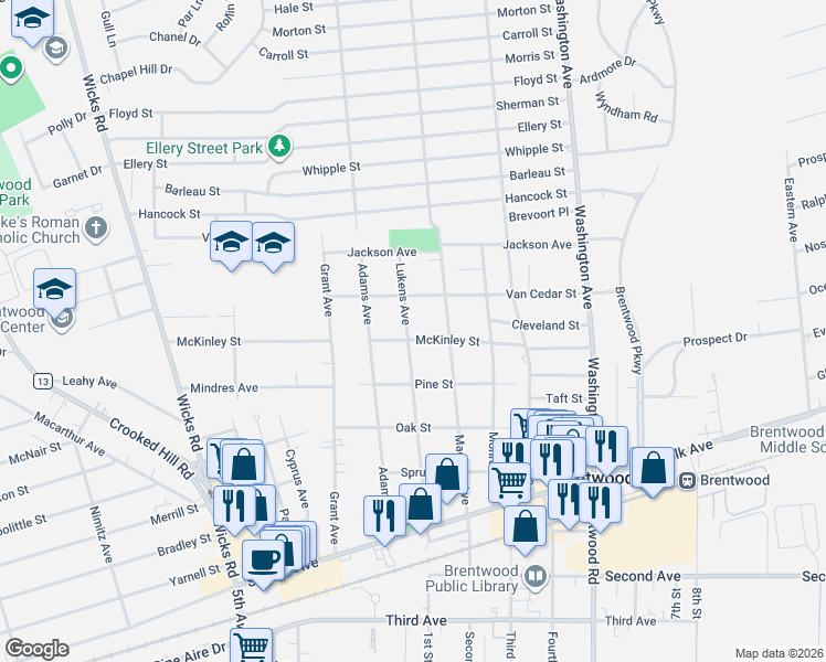 map of restaurants, bars, coffee shops, grocery stores, and more near 98 McKinley Street in Brentwood