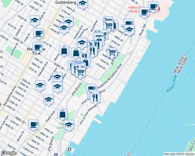 map of restaurants, bars, coffee shops, grocery stores, and more near 6050 JFK Boulevard East in West New York