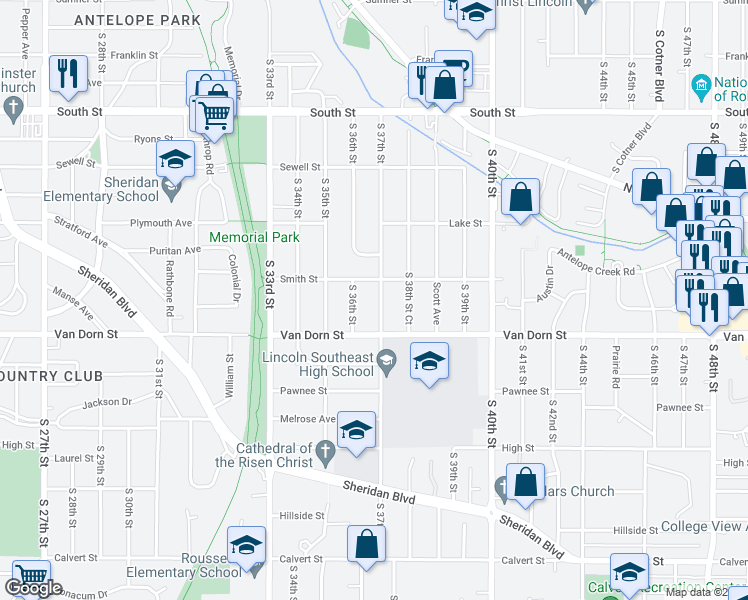 map of restaurants, bars, coffee shops, grocery stores, and more near 2725 South 37th Street in Lincoln