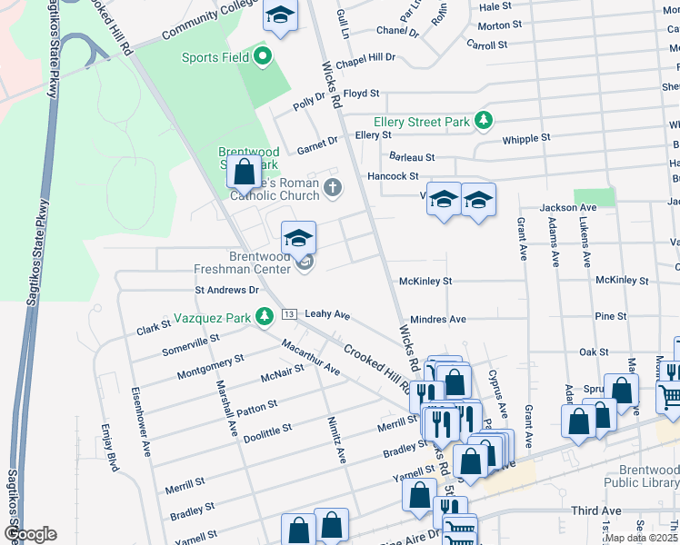 map of restaurants, bars, coffee shops, grocery stores, and more near 52 William Street in Brentwood