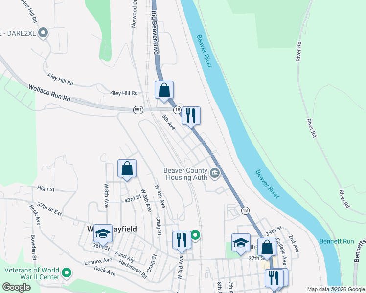 map of restaurants, bars, coffee shops, grocery stores, and more near 4617 5th Avenue in Beaver Falls