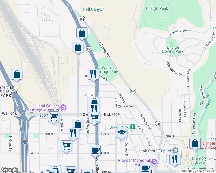 map of restaurants, bars, coffee shops, grocery stores, and more near 253 Fern Avenue North in Salt Lake City