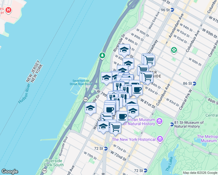 map of restaurants, bars, coffee shops, grocery stores, and more near 319 West 80th Street in New York