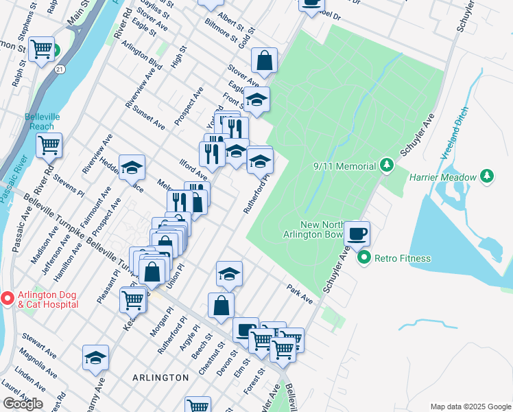 map of restaurants, bars, coffee shops, grocery stores, and more near 158 Rutherford Place in North Arlington
