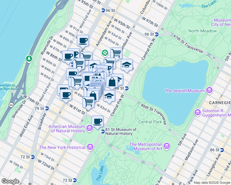 map of restaurants, bars, coffee shops, grocery stores, and more near 32 West 85th Street in New York