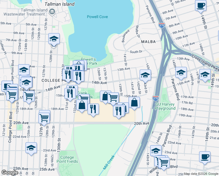 map of restaurants, bars, coffee shops, grocery stores, and more near 14-33 137th Street in Queens