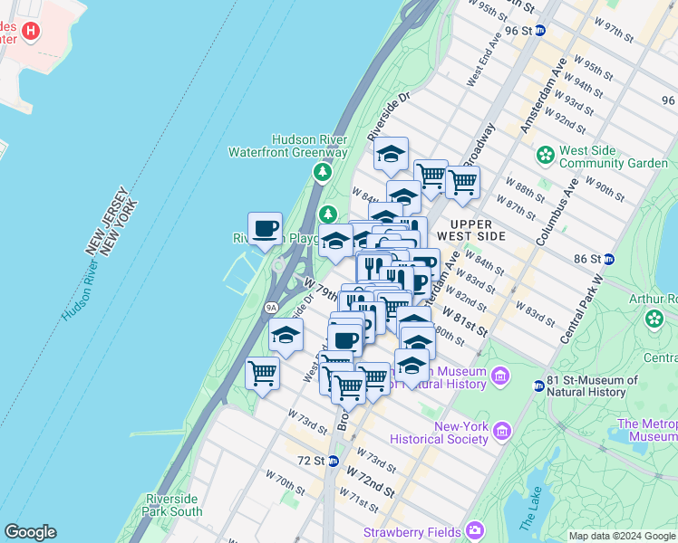 map of restaurants, bars, coffee shops, grocery stores, and more near 323 West 80th Street in New York