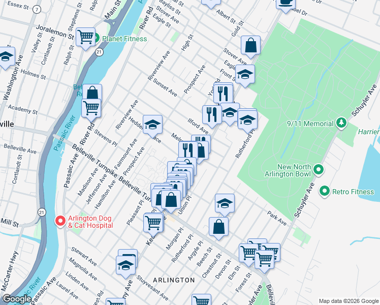 map of restaurants, bars, coffee shops, grocery stores, and more near in North Arlington