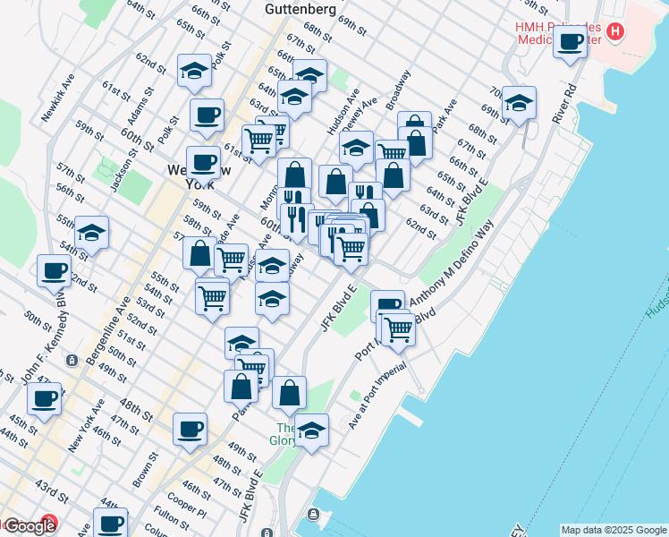 map of restaurants, bars, coffee shops, grocery stores, and more near 103 60th Street in West New York