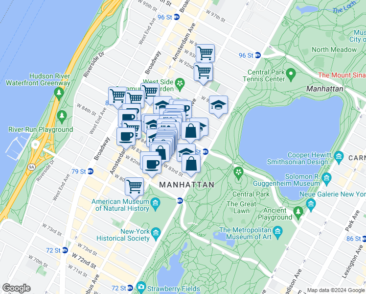 map of restaurants, bars, coffee shops, grocery stores, and more near 57 West 85th Street in New York