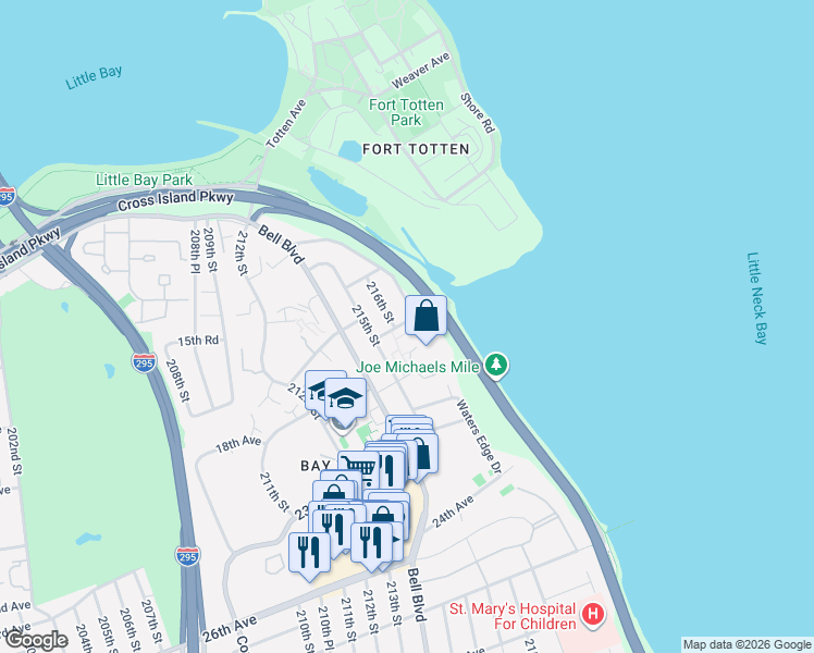 map of restaurants, bars, coffee shops, grocery stores, and more near 85 215th Street in Queens