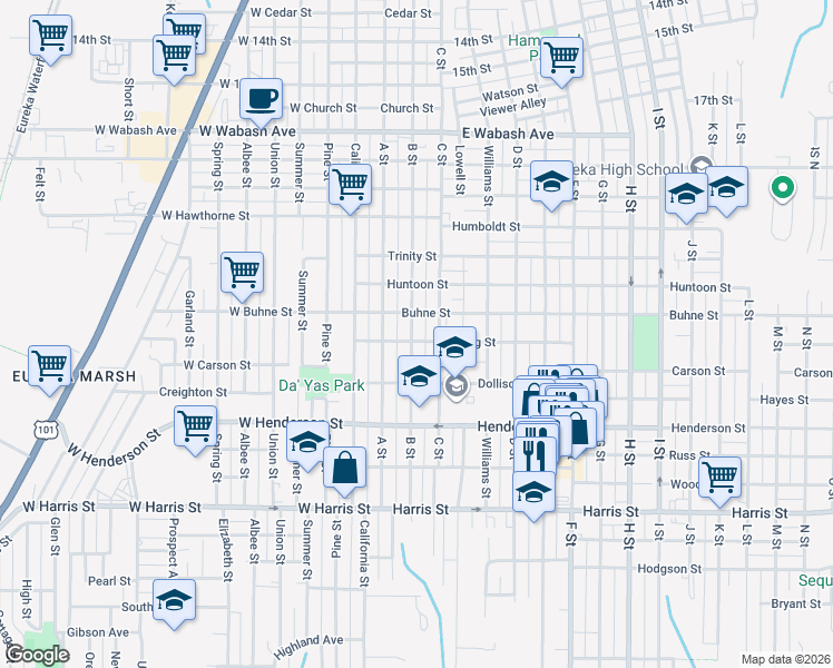 map of restaurants, bars, coffee shops, grocery stores, and more near 2435 B Street in Eureka