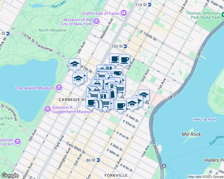 map of restaurants, bars, coffee shops, grocery stores, and more near 175 East 96th Street in New York