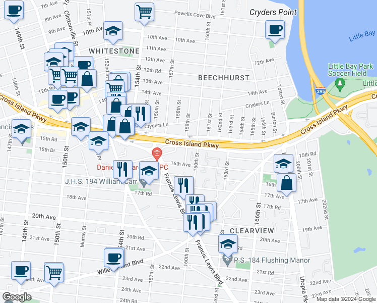 map of restaurants, bars, coffee shops, grocery stores, and more near 15-29 159th Street in Queens