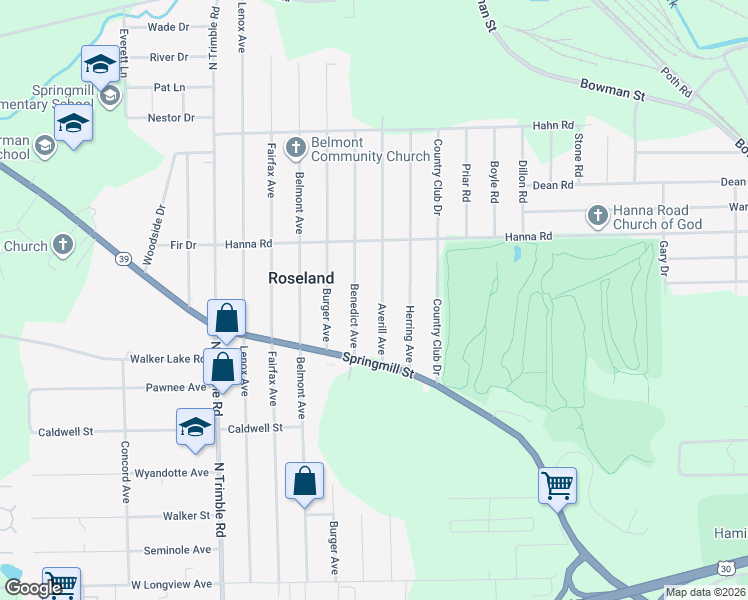 map of restaurants, bars, coffee shops, grocery stores, and more near 939 Averill Avenue in Mansfield