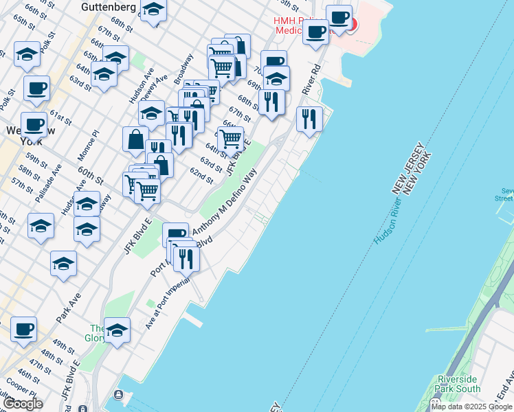 map of restaurants, bars, coffee shops, grocery stores, and more near 402 Kingston Court in West New York