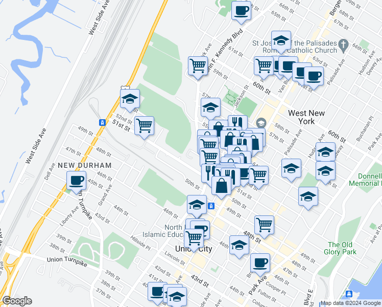 map of restaurants, bars, coffee shops, grocery stores, and more near 5201 John F. Kennedy Boulevard in North Bergen