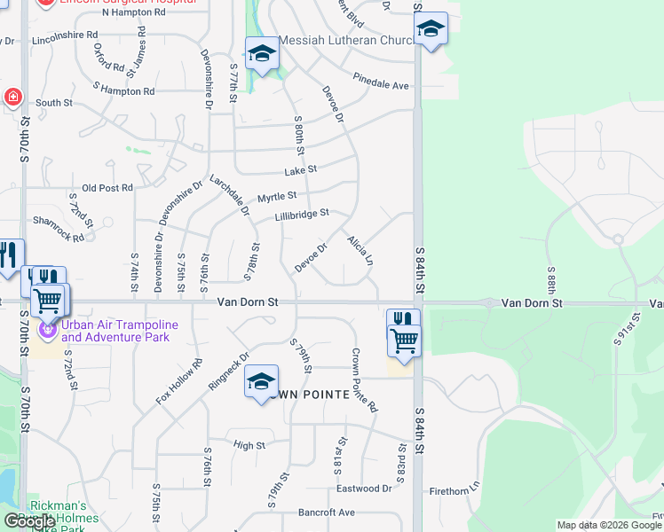 map of restaurants, bars, coffee shops, grocery stores, and more near 8030 Arrow Ridge Road in Lincoln