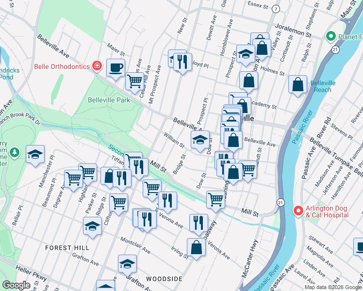 map of restaurants, bars, coffee shops, grocery stores, and more near 34 Clinton Street in Belleville