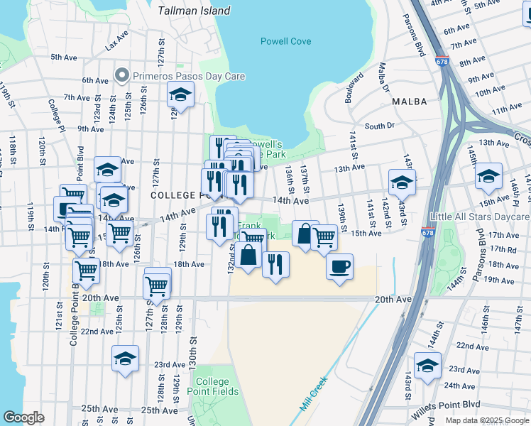 map of restaurants, bars, coffee shops, grocery stores, and more near 14-41 133rd Place in Queens