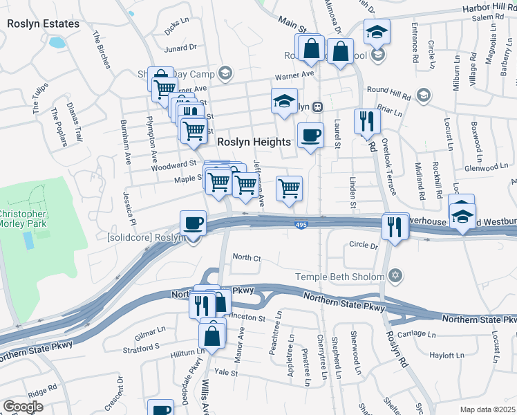 map of restaurants, bars, coffee shops, grocery stores, and more near 93 Powerhouse Road in Roslyn Heights