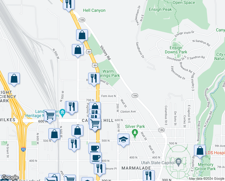 map of restaurants, bars, coffee shops, grocery stores, and more near in Salt Lake City