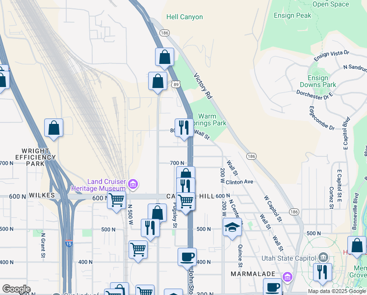map of restaurants, bars, coffee shops, grocery stores, and more near 711 U.S. 89 in Salt Lake City