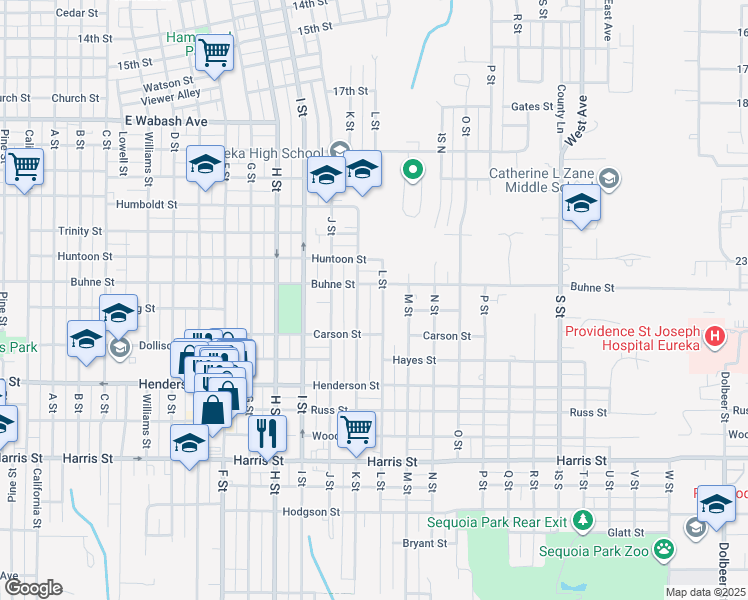 map of restaurants, bars, coffee shops, grocery stores, and more near 2525 L Street in Eureka