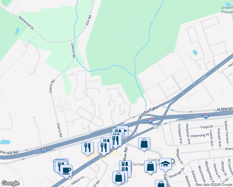 map of restaurants, bars, coffee shops, grocery stores, and more near 41 Hunt Drive in Jericho