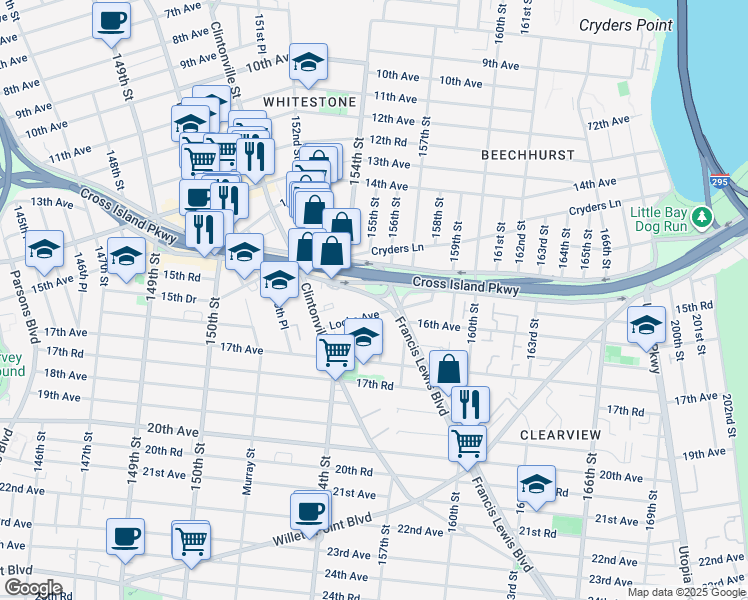map of restaurants, bars, coffee shops, grocery stores, and more near 154-28 Locke Avenue in Queens